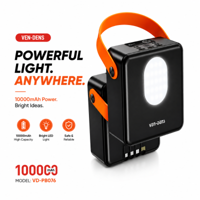 VEN-DENS VD-PB076 100,000mAh High-Capacity Power Bank – Portable Power Station with Built-in Bright LED Emergency Light, Handy Strap, Multi-Port Outputs & Safety Protection